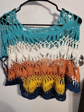 Y2K MULTI COLORED CROCHET SWEATER TOP CROPPED SZ OS